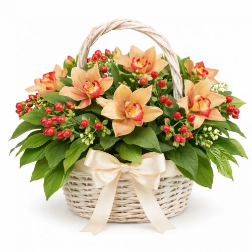 Цветочная композиция в корзине «Персиковая мечта»