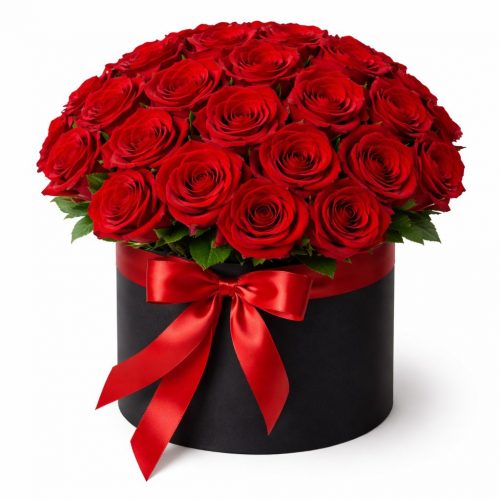Цветы в шляпной коробке «Алый Шарм»