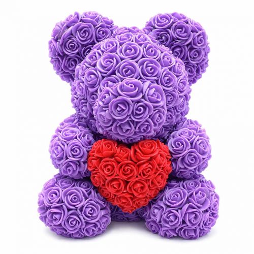 Мишка из роз фиолетовый с красным сердцем (40 см)