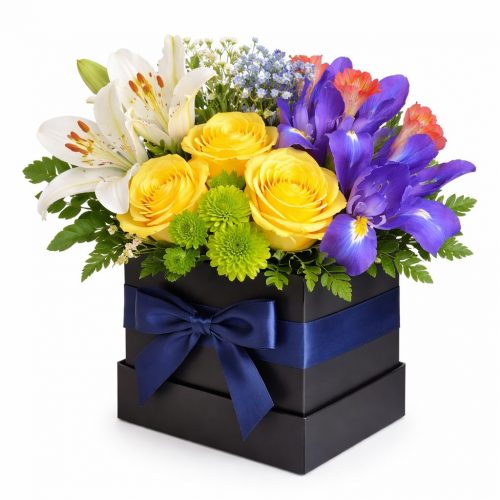 Цветы в шляпной коробке «Солнечная фантазия»
