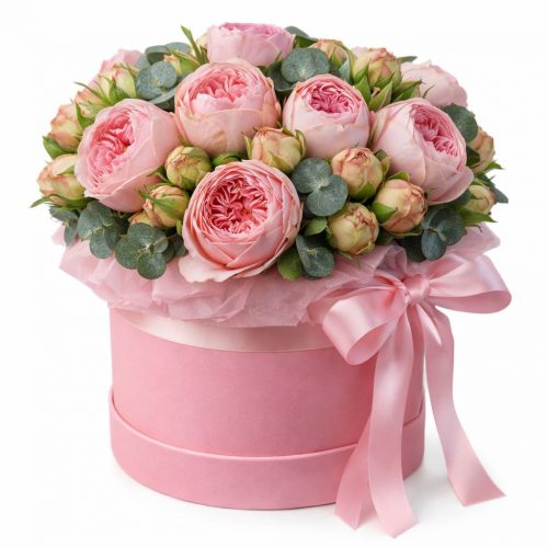 Цветы в шляпной коробке «Розовый вихрь»