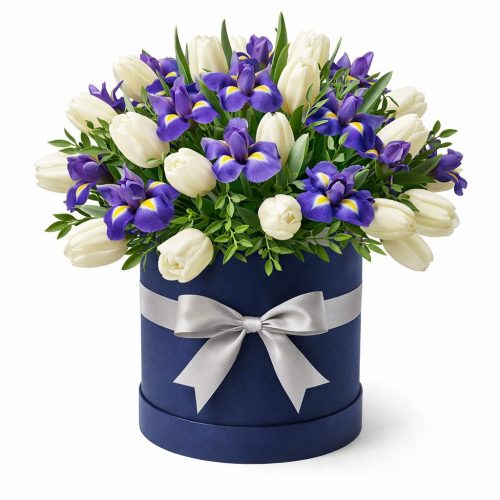 Цветы в шляпной коробке «Ирисовое счастье»